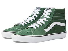 Vans SK8-Hi - Skate Shoes : Color Theory Greener Pastures : Keep it old school every step of the way with the classic Vans SK8-Hi skateboard shoes! High-top skate shoes with a classic silhouette and Sidestrap detail. Uppers of suede, leather, or canvas. Cotton drill lining. Padded collar for added comfort and support. Triple-stitch collar adorns collar. Die-cut EVA insert. Vulcanized construction: &amp,#8226, Slimmed-down profile offers a flexible feel. &amp,#8226, Gum rubber outsole with signature waffle tread provides superior grip and boardfeel. Imported. Measurements: Weight: 1 lb 2 oz Shaft: 6 1 2 in Product measurements were taken using size Men's 10, Women's 11.5, width Medium. Please note that measurements may vary by size. Classic Lace-up High-top Sneakers For Skateboarding, Urban Green High-top Sneakers For Skateboarding, Green Urban High-top Sneakers For Skateboarding, Green Vans Skate Shoes For Skateboarding, High-top Suede Skate Shoes With Laces, Green Skate Shoes With Speckled Midsole, Vans High-top Green Skate Shoes, Vans Green High-top Skate Shoes, Green High-top Vans Skate Shoes