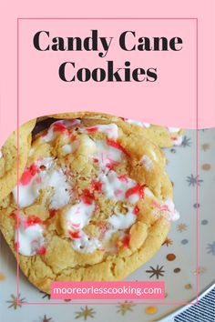 a close up of a cookie on a plate with the words candy cane cookies above it