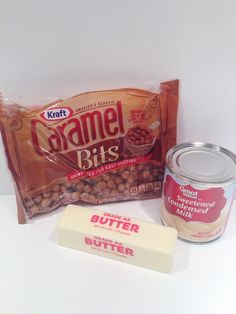 peanut butter and caramel bits next to a can of butter