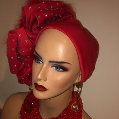 Uniquely Designed Turban Embellished With Feathers Rhinestones And Glittering Broach. Handmade And Well Designed For For Any Occasions. Social Religious Or Formal Elegant Party Headscarf Headband, Elegant Party Headband Headscarf, Rhinestone Party Headpiece, Elegant Adjustable Headscarf For Party, Fitted Headband Headscarf For Party, Elegant Adjustable Red Turban, Embellished Headpieces For Evening, Elegant Red Headwrap, Elegant Red Headwrap For Wedding