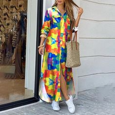 F00152174-1002 Summer Prints Fashion, Backless Long Dress, Collared Shirt Dress, African Fashion Women Clothing, Dress Stores Online, African Fashion Women, Maxi Dress Online, Maxi Robes, Turndown Collar