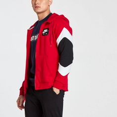 Nike Air Logo Color Block Casual Sports Hooded Jacket Men's Red 928630-687 Nike Air Logo, Air Logo, Hooded Jacket Men, Logo Color, Nike Sportswear, Adidas Jacket, Hooded Jacket, Color Block, Rain Jacket