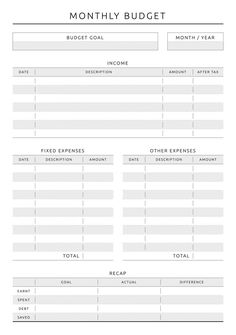 a printable budget sheet with the words, month and year in white on it