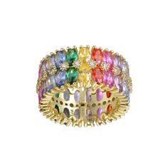 This rainbow cubic zirconia & diamond accent cluster ring beautifully enhances your style. Click on this JEWELRY & WATCHES GUIDE to learn about fit, styles, materials and more! This rainbow cubic zirconia & diamond accent cluster ring beautifully enhances your style. Click on this JEWELRY & WATCHES GUIDE to learn about fit, styles, materials and more! FEATURES Width: 11 mm Shank style: stackable Band fit: comfort fit Metal: sterling silver Plating: 14k gold Finish: polished Packaging: velvety po Rainbow Diamond Jewelry With Multi-stone, Rainbow Multi-stone Diamond Jewelry, Rainbow Diamond Rings As Gifts, Party Rings With Multi-stone Cubic Zirconia, Multi-stone Cubic Zirconia Party Rings, Rainbow Cubic Zirconia Jewelry For Wedding, Multicolor Diamond Accented Rings For Anniversary, Multicolor Diamond Jewelry With Prong Setting, Multicolor Diamond Accent Rings For Anniversary