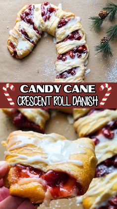 a hand holding up a piece of candy cane crescent roll danish