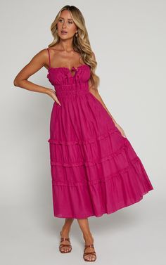 Schiffer Midi Dress - Strappy Ruched Tie Front Tiered Dress in Raspberry Pink Ruched Sundress, Pink Ruched Sundress Style Maxi Dress, Pink Ruched Maxi Dress For Summer, Pink Ruched Summer Maxi Dress, Pink Sleeveless Dress For Beach In Spring, Pink Ruched Sundress Maxi Dress, Pink Summer Maxi Dress With Ruffled Straps, Pink Maxi Dress With Ruffled Straps For Vacation, Pink Midi Dress With Spaghetti Straps And Ruffle Hem