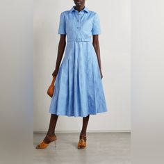 Gucci's Midi Dress Is Cut From Cotton Oxford And Jacquard-Woven With The Label's Iconic Double Gs - You'll Also See Them On The Glossy Buttons. Reminiscent Of Vintage Styles, It Has A Sharp Collar, Detachable Waist Belt And Pleated Midi Skirt. The Light-Blue Hue Will Look So Nice With Metallic Or Neutral Accessories. Fits True To Size, Take Your Normal Size Designed To Be Slightly Fitted At The Bust And Waist, Loose At The Hip Mid-Weight, Non-Stretchy Fabric Model Is 180cm/ 5’11” And Is Wearing Designer Belted Workwear Dress, Elegant Gucci Dress For Summer, Gucci Formal Summer Dresses, Gucci Knee-length Dress For Spring, Designer Blue Formal Dresses, Gucci Fitted Dress For Spring, Elegant Spring Gucci Dresses, Gucci Midi-length Formal Dress, Gucci Formal Midi Length Dress