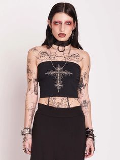 Crucifix Tube Top – Midnight Hour Emo Fitted Crop Top For Halloween, Fitted Emo Crop Top For Halloween, Fitted Emo Crop Top For Alternative Fashion, Gothic Crop Top For Night Out, Gothic Cropped Top For Night Out, Gothic Stretch Crop Top, Gothic Stretch Cropped Crop Top, Gothic Fitted Crop Top For Alternative Fashion, Gothic Crop Top For Halloween Festival