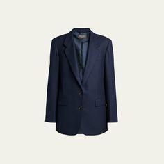 Loro Piana "Belia" flannel blazer Notch lapels; button front Long sleeves; button cuffs Chest welt pocket; hip flap pockets Straight fit Back walking vent Virgin wool/cashmere Dry clean Made in Italy Loro Piana Sailing, Luxury Blue Wool Outerwear, Loro Piana Coat, Loro Piana L19, Loro Piana Traveller Jacket, Fit Back, Loro Piana, Blue China, Flap Pocket