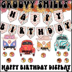 a happy birthday card with an image of cars and buntings on the banner