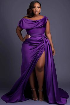 Xpluswear Design Plus Size Formal Purple Oblique Collar Cap Sleeve Split Ruffled Fold Satin Maxi Dresses - Xpluswear Plus Size Gowns Formal, Plus Size Evening Gown, Purple Wedding Dress, Maid Of Honour Dresses, Plus Size Gowns, Plus Size Bridesmaid, Plus Size Formal, Plus Size Formal Dresses, Evening Dresses Plus Size