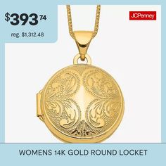 Features: Quick ShipJewelry Closure: Spring Ring ClaspLink Construction: SolidShape: RoundMetal Color: YellowChain Length: 18 InchChain Width: .5 MillimetersPendant Length: 16mmPendant Width: 16mmChain Construction: BoxCare: Wipe CleanMetal: 14k GoldNecklace Type: Locket NecklacesCountry of Origin: Imported 14k Gold Round Pendant With Hallmark, Hallmarked Yellow Gold Jewelry, Yellow Gold Hallmarked Jewelry, Yellow Gold Hallmarked Medallion Jewelry, Yellow Gold Medallion With Hallmark, Round Locket Necklace, Locket Necklaces, Round Locket, Locket Necklace