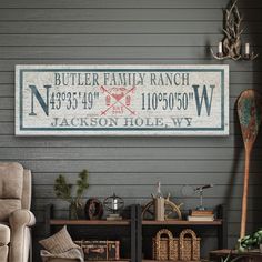 a family name sign hanging on the side of a wall next to a couch and chair