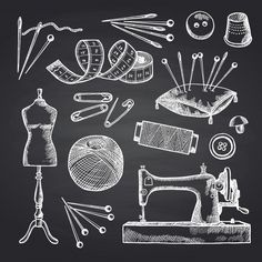 sewing equipment drawn in chalk on a blackboard with pins, needles and other items