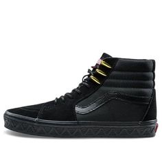 Lace up in superhero style with the Vans Marvel x SK8-HI 'Black Panther' sneaker. This dope collab celebrates some of Marvel's most iconic comics, and the Black Panther gets his due with a Triple Black color scheme in premium suede and ballistic mesh. Gold eyelets nod to the character's signature spiked necklace, while red Marvel branding adds a pop of color on the tongue. A tonal leather jazz-stripe lines the quarter panel, and a unique v-shaped design is etched on the midsole. Stand out from the crowd and lace up in these special edition kicks from Vans and Marvel. (SNKR) Urban Style Vans Custom Lace-up Sneakers, Urban Vans Custom Sneakers With Rubber Sole, Custom Vans Sneakers For Streetwear, Vans Custom Sneakers For Streetwear, Sporty Custom Vans Sneakers With Laces, Vans Urban Sneakers For Streetwear, Vans Leather High-top Sporty Sneakers, Vans Leather High-top Sneakers, Sporty Style, Custom Lace-up Vans Sneakers For Streetwear