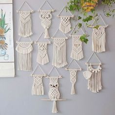 the wall is decorated with macrame and plants