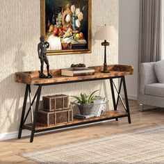 a living room scene with focus on the console table and painting in the background,