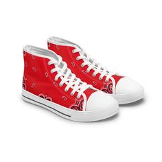 Elevate your style game to new heights with our exclusive Bold Bloods Red Bandana Women's High Top Sneakers. These sneakers are more than just shoes; they are a bold statement of fashion-forward design and comfort. Key Features: Crafted from breathable polyester canvas, these sneakers offer the perfect harmony of comfort and style, ensuring your feet stay comfortable all day. Hi-poly deodorant memory foam insoles provide exceptional cushioning and support, making each step a delight. The full wr Streetwear Sneakers With Red Sole And Round Toe, Mid-top Sneakers With Red Sole For Streetwear, High-top Sneakers With Red Sole For Streetwear, Red High-top Sneakers With Rubber Sole For Streetwear, Streetwear High-top Sneakers With Red Sole, Urban High-top Sneakers With Red Sole And Lace-up, Urban High-top Sneakers With Red Sole, Red Custom Sneakers With Rubber Sole For Streetwear, Trendy Lace-up Sneakers With Red Sole