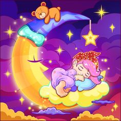 a baby sleeping on the moon with a teddy bear sitting on it's back