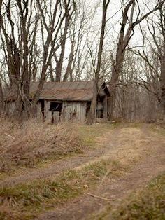 an old run down house in the middle of trees and dirt path leading to it