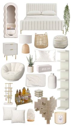 a collage of white furniture and accessories including bedding, pillows, lamps, vases