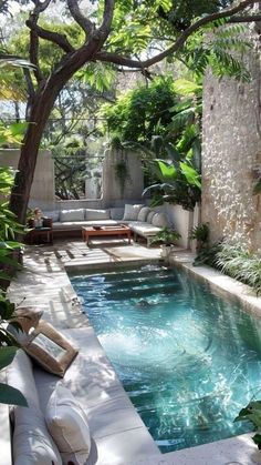 an outdoor swimming pool surrounded by greenery