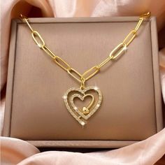 Gold Plated Chunky Chain Open Double Heart And Crystals Heart Necklace 18” Long With Extender Metal Heart Necklace With Clavicle Chain For Mother's Day, Mother's Day Heart Necklace With Clavicle Chain, Mother's Day Metal Heart Necklace With Clavicle Chain, Heart-shaped Chain Necklace With Adjustable Chain For Mother's Day, Mother's Day Heart Necklace With Chain, Open Heart Necklace With Chain, Double Heart Metal Chain Necklace, Heart-shaped Metal Chain Necklace For Anniversary, Heart Charm Mother's Day Chain Necklace