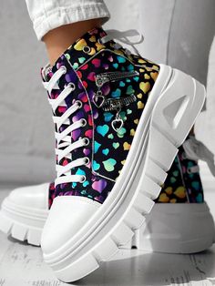 Women's Heart Pattern Thick Sole Casual Sneakers, New Zipper Lace Up Round Toe Skateboard Shoes For Back To School, Saw-Tooth Comfy Sole Large Size Female Shoes Multicolor     Letter    Women Shoes, size features are:Bust: ,Length: ,Sleeve Length: Shoes For Back To School, Female Shoes, Hair Accessories Boho, Skateboard Shoes, Wedge Sneakers, Heart Pattern, Womens Wedges, Canvas Sneakers, Kids Beachwear