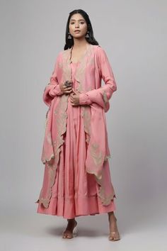 Blush pink sleeveless long cape with contrasting green garden applique embroidery on the cutwork borders. Paired with a long sleeves piping detail anarkali, pant and embroidered dupatta. - Aza Fashions Transitional Pink Anarkali Set With Dabka Work, Long Pink Kurta With Zari Work, Pink Long Kurta For Designer Wear, Long Pink Kurta For Designer Wear, Pink Designer Wear Kurta, Pink Long Sharara With Resham Embroidery, Long Pink Sharara With Pallu, Pink Long Sharara With Pallu, Designer Long Pink Sharara