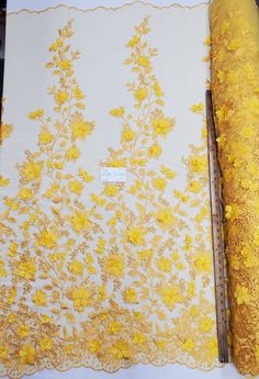 "Yellow Floral Embroidery with 3D Satin Flowers & Pearls on Mesh Prom Wedding Fabric . Condition is New. Shipped with USPS Priority Mail. \"The Princess Lace\" Yellow Floral Embroidery with 3 layers of 3D Satin Flowers & Pearls on Yellow mesh. Double Sided Scallop. No Stretch. If you order more than one yard, it will be sent as a continuous piece. All orders are cut from new rolls. Sold by the Yard All pictures are taken with White Lining underneath the fabric. We are direct importers of all of Cloth Table Covers, Feather Embroidery, Tulle Embroidery, Embroidered Lace Fabric, Rose Lace, Design Sticker, Satin Flowers, Wedding Fabric, Yellow Lace