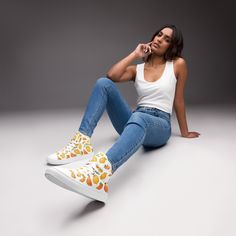 Made for comfort and ease, these "Vintage Lemon" Women's Slip-On high top Canvas Shoes are unique, stylish and the ideal piece for completing an outfit. Equipped with removable soft insoles and rubber outsoles, it's also easy to adjust them for a better fit. * 100% polyester canvas upper side * Ethylene-vinyl acetate (EVA) rubber outsole * Breathable lining, soft insole * Faux leather toe cap * Padded collar, lace-up front Please message me with any questions you may have! *RETURNS & REFUNDS* Pl Retro High-top Custom Sneakers, Orange Casual High-top Sneakers With Rubber Sole, Casual Orange High-top Sneakers With Rubber Sole, Spring Casual Ankle-high High-top Sneakers, Casual Ankle-high High-top Sneakers With White Sole, Casual Ankle-high High-top Sneakers For Spring, Casual Spring Ankle-high High-top Sneakers, Casual Ankle-high High-top Sneakers, Casual Wedge Sneakers With Rubber Sole For Spring