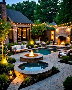 This modern backyard combines elegance and functionality with a rectangular pool, hot tub, and fire pit area. The lush greenery and string lights enhance the serene atmosphere. The spacious seating areas and fireplace create a perfect setting for evening relaxation and entertaining guests. #Bayville #NJRealEstate #ModernDesign #ProdigyRealEstate Rectangular Pool, Fire Pit Area, Modern Backyard, Outdoor Oasis, Modern Outdoor, String Lights, Fire Pit, Oasis, Lush