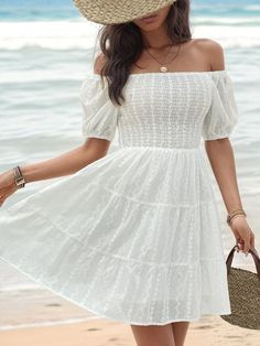 Smocked Eyelet Off-Shoulder... Pyjama Satin, Dress Weights, Short Dresses Casual, Formal Evening Dresses, Types Of Dresses, White Mini Dress, Beach Dress, Boho Dress, Jumpsuit Dress