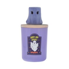 a purple candle holder with a ghost on it's head and the words sweet and spooky