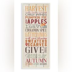 a cross stitch pattern with the words harvest and autumn written in multicolored letters