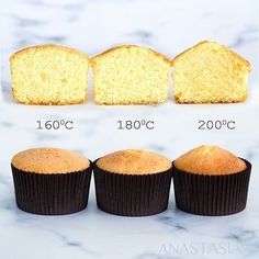 three muffins are shown in different stages of being sliced and placed next to each other