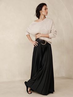 Ness Pleated Satin Maxi Skirt | Banana Republic Pleated Maxi Skirt Outfit, Full Skirt Outfit, Black Maxi Skirt Outfit, Black Full Skirt, Satin Maxi Skirt, Long Maxi Skirt, Winter Skirt Outfit, Maxi Skirt Outfits, Pleated Long Skirt