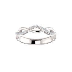 a white gold wedding ring with diamonds on it's sides and an intertwined band