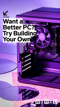 a purple computer case sitting on top of a desk next to a glass table with the words, want a better pc? try building your own