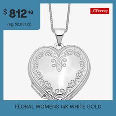 Features: Quick ShipJewelry Closure: Spring Ring ClaspLink Construction: SolidShape: HeartMetal Color: WhiteChain Length: 18 InchChain Width: .5 MillimetersPendant Length: 27mmPendant Width: 22mmChain Construction: BoxCare: Hand WashMetal: 14k White GoldNecklace Type: Locket NecklacesCountry of Origin: Imported Elegant Locket Necklace With Hallmark For Mother's Day, Elegant Locket Necklace For Valentine's Day Anniversary, Elegant White Locket Necklace For Valentine's Day, Elegant Locket Necklace For Anniversary With Hallmark, Elegant Heart Cut Locket Necklace For Mother's Day, Elegant White Heart Pendant Locket Necklace, White Locket Jewelry For Valentine's Day, White Engraved Jewelry For Valentine's Day, Engraved White Jewelry For Valentine's Day