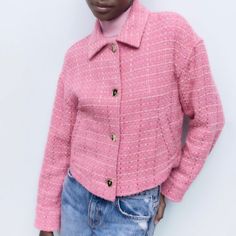 Nwt Zara Pink Textured Jacket Size Xs Collared Overshirt With Long Cuffed Sleeves. Front Welt Pockets. Sequin And Metallic Thread Details. Front Fastening With Metal Buttons. Can Be Worn As A Shirt Or Shacket/Jacket! Chic Pink Long Sleeve Cropped Jacket, Chic Pink Blazer With Button Closure, Chic Pink Cropped Jacket For Workwear, Pink Single Breasted Winter Outerwear, Pink Single-breasted Winter Outerwear, Chic Pink Fitted Cropped Jacket, Pink Single Breasted Long Sleeve Outerwear, Pink Single-breasted Long Sleeve Outerwear, Pink Fitted Cropped Jacket With Long Sleeves