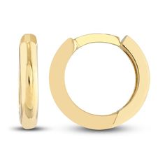 Versatile 11.5mm round tubes are polished to a high shine in these classic women's huggie earrings. Fashioned in 14K yellow gold, the earrings secure in place with hinged backs. Fine Jewelry Yellow Gold Huggie Earrings With Polished Finish, Yellow Gold Polished Finish Huggie Earrings, Yellow Gold Huggie Earrings With Polished Finish, Tarnish Resistant Huggie Earrings For Formal Occasion, Classic Hypoallergenic Huggie Earrings For Formal Occasions, Formal Tarnish-resistant Huggie Earrings, Polished Finish Huggie Earrings In Fine Jewelry, Fine Jewelry Polished Huggie Earrings, Classic Huggie Earrings With Spring Ring Clasp For Anniversary