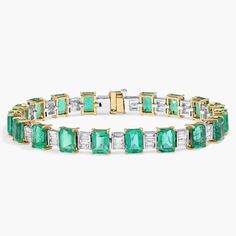 Emeralds and diamond baguettes come together perfectly to create this stunning bracelet.  Set in luxurious 18k yellow gold, this bracelet is truly a one-of-a-kind creation. Fine Jewelry Diamond Baguette Bracelet, Baguette Diamond Bracelet In Fine Jewelry Style, Luxury Baguette Cut Bracelets For Anniversary, Luxury Yellow Gold Emerald Cut Bracelet, Baguette Diamond Bracelet Fine Jewelry, Luxury Baguette-cut Diamond Bracelet With 17 Jewels, Baguette Diamond Bracelet In Yellow Gold, Emerald Cut Diamond Bracelet In Yellow Gold, Luxury Tennis Bracelet With Baguette Diamonds