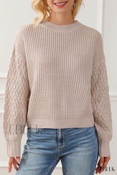 Ebeek - Cozy Drop Shoulder Cable Knit Sweater Cozy Cable Knit Cropped Sweater, Textured Knit Cozy Sweater, Cozy Textured Knit Sweater, Fall Beige Cropped Sweater In Soft Knit, Beige Soft Knit Cropped Sweater For Fall, Soft Knit Cropped Sweater For Fall In Beige, Fall Soft Knit Cropped Sweater In Beige, Cozy Chunky Knit Crew Neck Outerwear, Beige Crew Neck Cropped Sweater For Winter