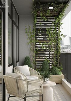 the balcony is decorated with plants and wicker furniture