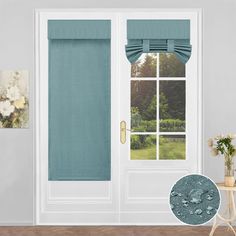 an open door with blue curtains and flowers in the vase on the side table next to it