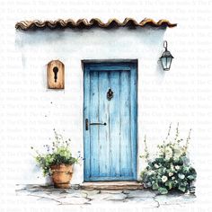 a watercolor painting of a blue door and potted plants