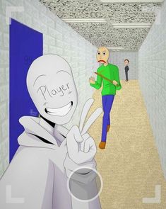 an animated image of a man walking down a hallway with another person in the background