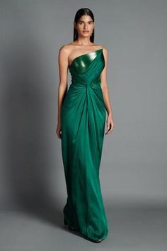 Shop for Amit Aggarwal Green Crinkled Chiffon Metallic Draped Bandeau Gown for Women Online at Aza Fashions Tube Gown, Amit Aggarwal, Green Evening Gowns, Party Wear Gowns, Shrug For Dresses, Drape Gowns, Gown For Women, Maxi Dress Collection, Green Gown