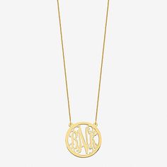 Personalized initials in a gorgeous script font make this round monogram necklace a one-of-a-kind keepsake.. Personalize with three initials; second initial will be in the center and enlarged.Pendant Size: 26mmPersonalize: Must be 3 initials. Initials will appear exactly in the order entered; center initial will be enlargedFeatures: Monogrammable, Personalized, InitialsJewelry Closure: Lobster ClaspShape: CircleMetal Color: YellowChain Length: 18 InchChain Width: 1 MillimetersChain Construction: Classic Monogram Name Necklace For Anniversary, Classic Monogram Initial Necklace For Personalized Gift, Mother's Day Yellow Gold Initial Necklace, Mother's Day Initial Necklace With Round Pendant, Classic Round Name Necklace As Gift, Mother's Day Round Pendant Initial Necklace, Round Initial Necklace For Mother's Day, Mother's Day Initials Round Pendant Name Necklace, Customizable Yellow Gold Round Name Necklace